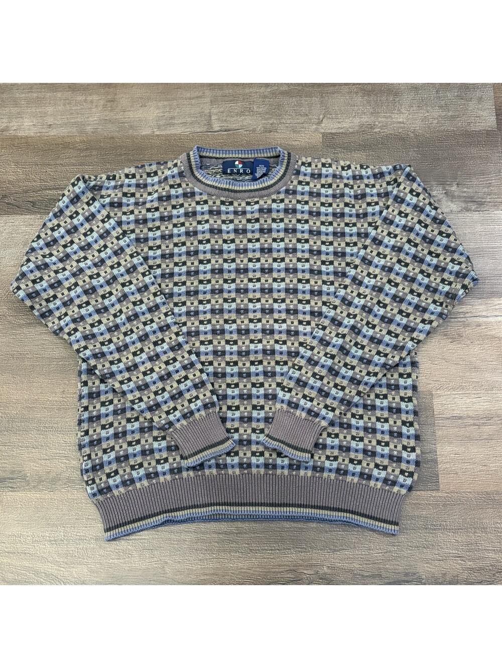 Vtg Enro Mens M 100% Cotton Sweater Geometric Checkered Crewneck Made in USA